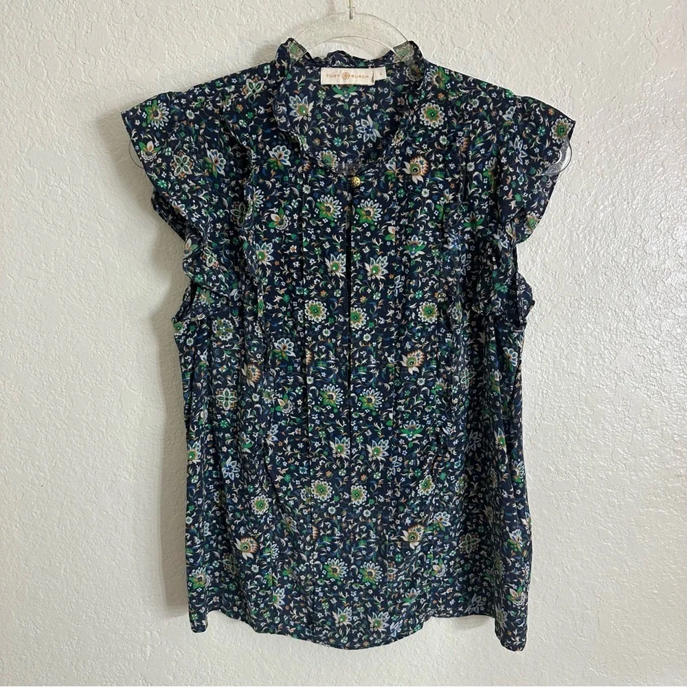 Tory Burch Printed Ruffle Shell Top size 4